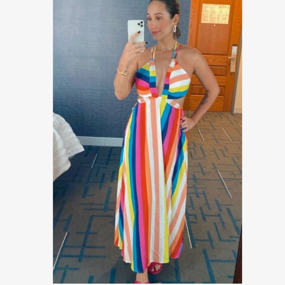 Striped Multicolor Backless Strappy V-Neck Maxi Dress Leg Slit - Picture 16 of 16